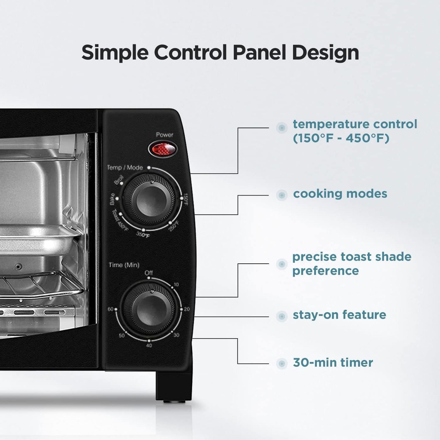 Dominion 4 Slice Toaster Oven Countertop, Retro Compact Design, Multi-Function, 1000 Watts, 30-Minute Timer, Black