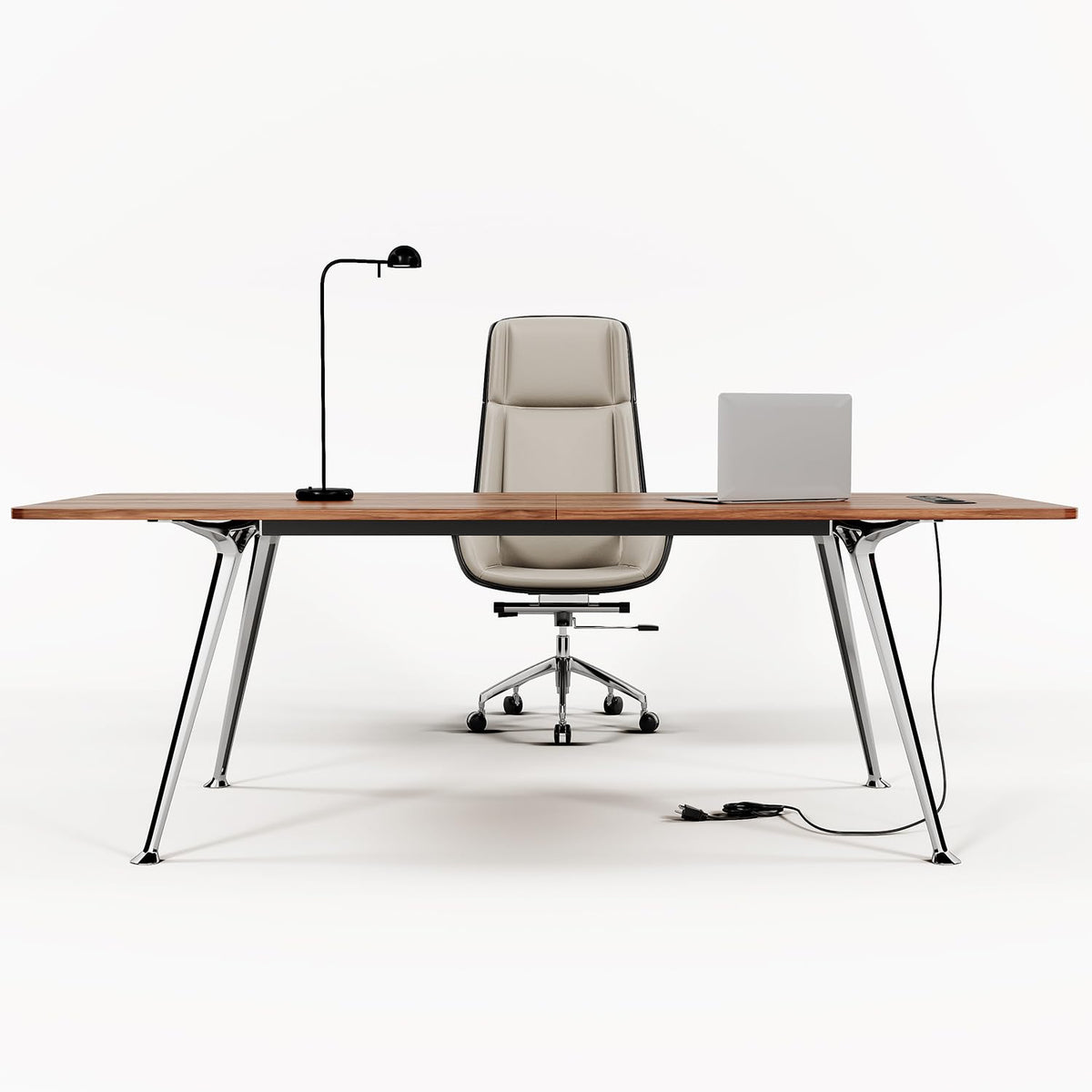 Writing Computer Desk, 60-Inch Large Executive Desk Office Workstation with Chrome-Plated Legs and Built-in Power Outlet, Writing Table Business Furniture, Modern Minimalist Style for Home Office