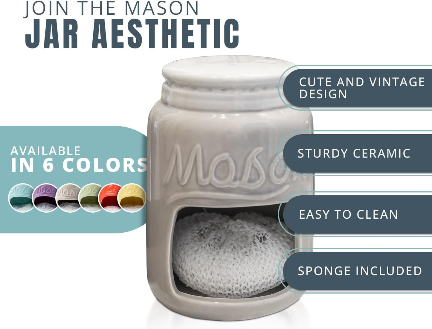 Comfify Ceramic Kitchen Sponge Holder, Farmhouse Style Sink Caddy, Mason Jar Decorative Accessory - Includes Free