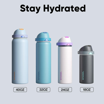 Insulated Water Bottle with Straw - Encool Stainless Steel Water Bottle with Push Button Lid, Leak-Proof & BPA-Free, Keeps Cold for 24 Hours for Sports, Travel, Gym (24 oz, Silk Blue)