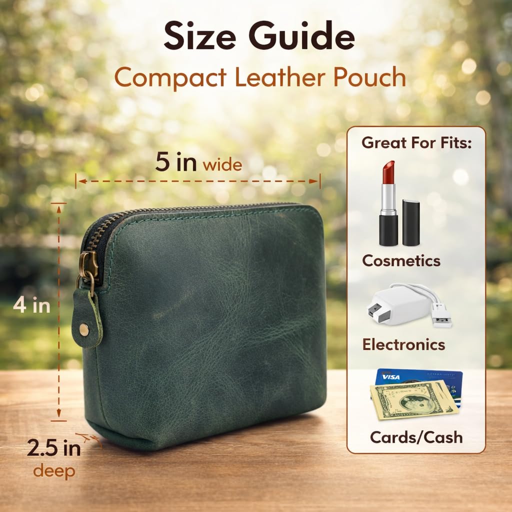 TheAntiq Full Grain Leather Cosmetic Bag – Zippered Makeup Pouch for Women, Small Travel Toiletry & Organizer Pouch for Purse, Premium Handmade Leather (5 × 4 × 2.5 in)