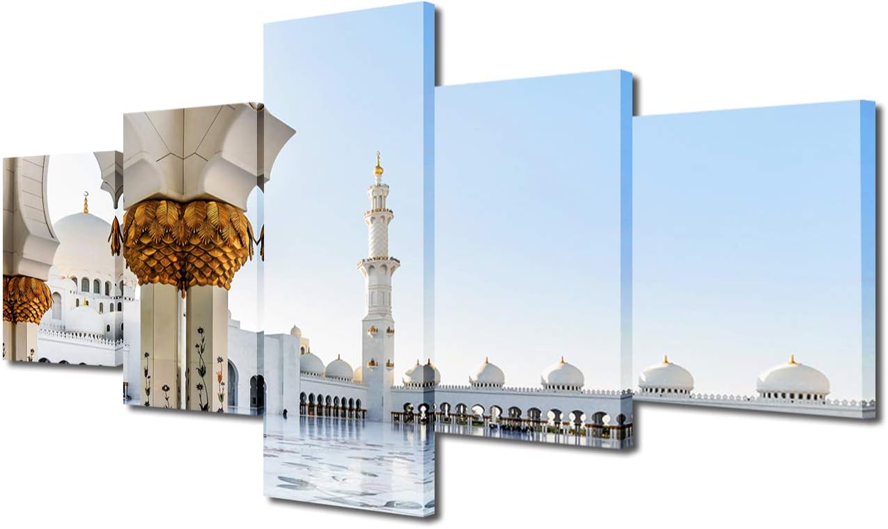 TUMOVO Kitchen Wall Art: Mosque Square Pictures, 5 Panel Canvas Artwork, Wooden Islamic Religious Shrine Decor