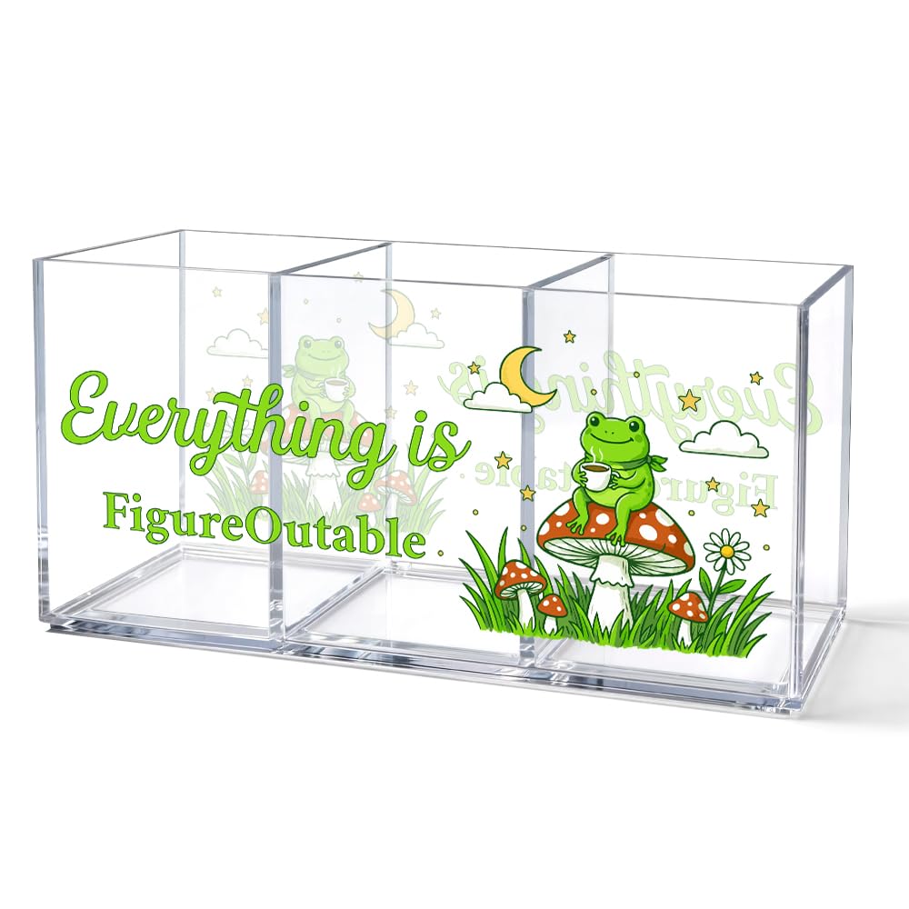 UAKXOIF Everything Is Figureoutable 3 Compartment Makeup Organizer & Pen Holder, Cute Frog Inspirational Cosmetic Storage Box for Lipstick Brushes Skincare, Desk Organizer for Office School Vanity