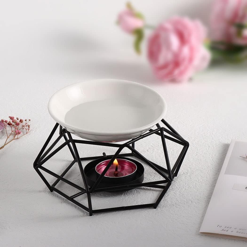SXCHEN Essential Oil Burner - Ceramic Tealight Wax Candle Burner, Black Metal Aroma Diffuser (Set of 1)