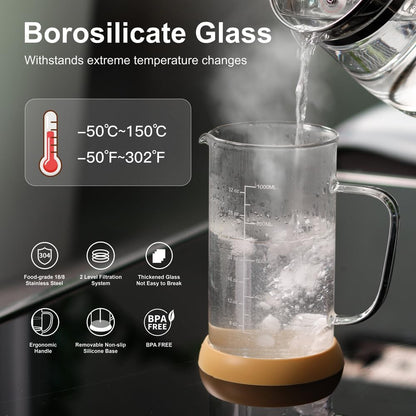 wedrink French Press Coffee Maker 34oz - Thicken Heat-Resistant Borosilicate Glass with Bamboo Lid (1000ml)