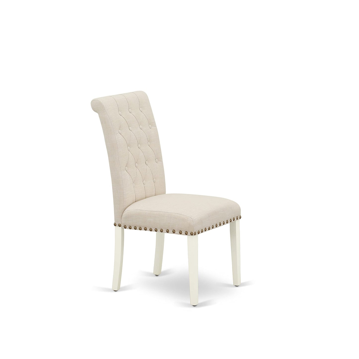 East West Furniture HLBR5-LWH-02 5 Piece Dining Room Furniture Set Includes a Round Dining Table with Pedestal and 4 Light Beige Linen Fabric Upholstered Chairs, 42x42 Inch, Linen White