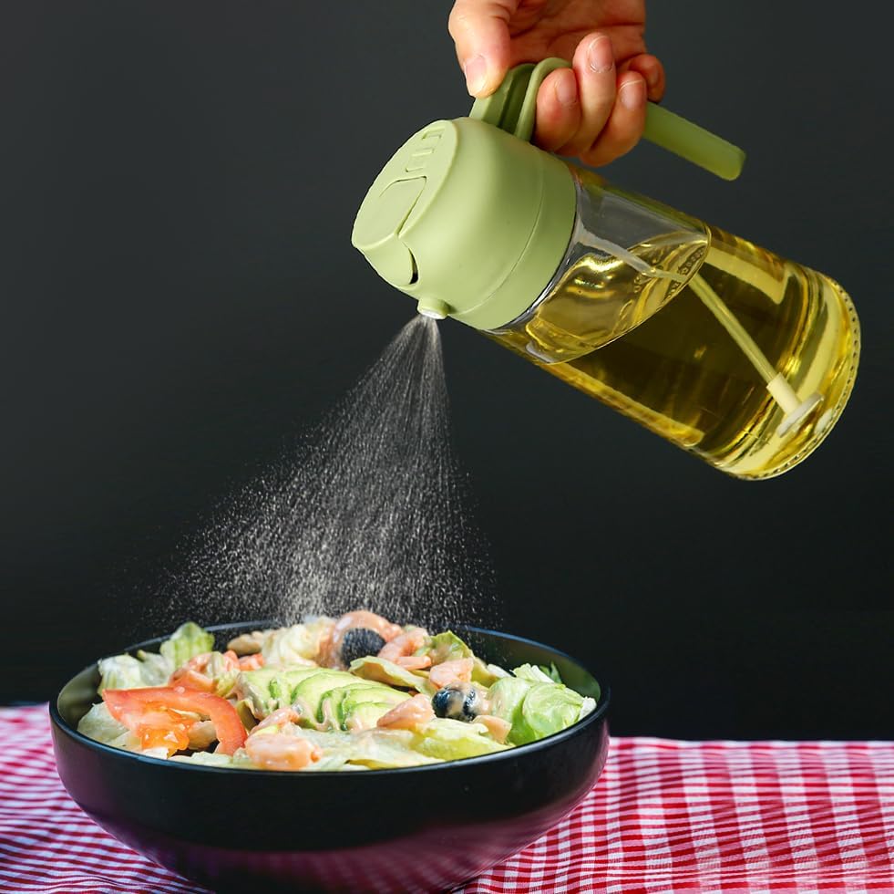 Oil Sprayer for Cooking, 2 in 1 Glass Olive Oil Dispenser 14.5oz/430ml (Green)
