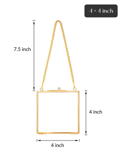 REDHUGO Glass Pressed Flower Frames,Vintage Hanging Picture Frames with Chain,Handmade Brass Floating Picture Frame,Plant Specimen Wall Ornament Display Artwork DIY Family Photo,Square,Gold,4x4 Inches