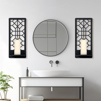 Zzbakress 2 Pcs Black Metal Wall Art Bathroom Decor Candle Holder Wall Art Retro Line Wall Decor Living Room Minimalist Metal Wall-Mount Candle Sconces for Dining Room Bedroom Kitchen (Black-Retro)