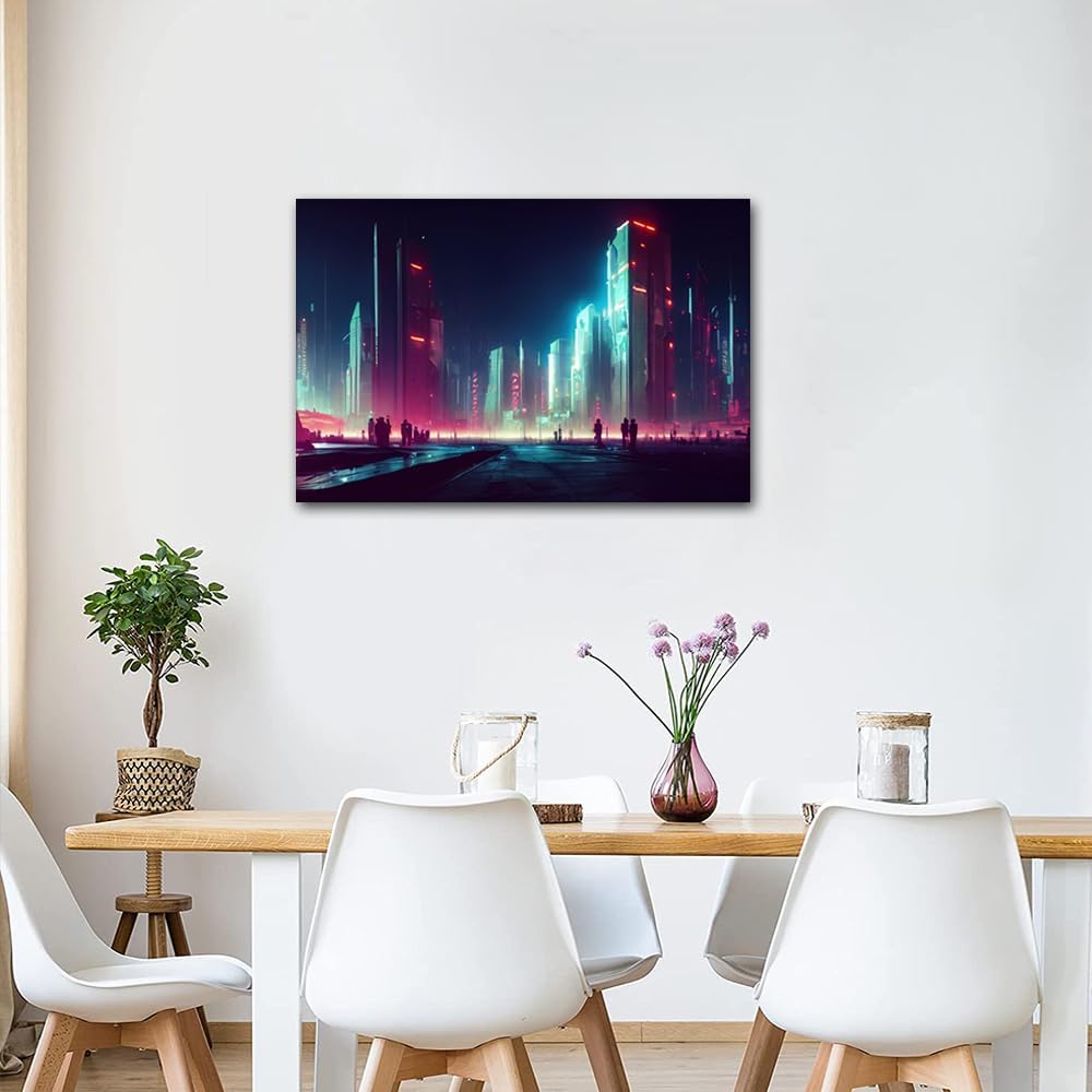 Wall Art Black and White Pictures for Living Room, Cyberpunk City Painting Prints on Canvas, 24x16 in House Decor
