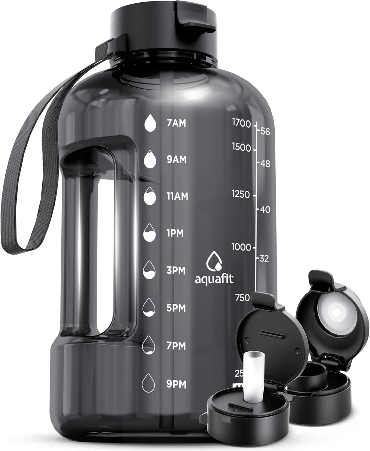 AQUAFIT 64 oz Water Bottle with Time Marker - Straw & Chug Lid - BPA Free Half Gallon Gym Water Bottle with Handle - Big Gallon Jug (Gray, 64 Ounces)