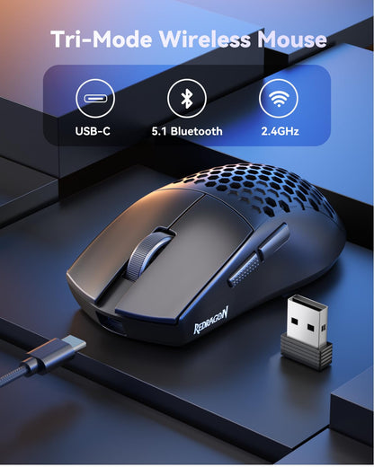 Redragon M725 Honeycomb Shell Gaming Mouse Wireless, Ultra Lightweight 49g, 8000 DPI Tri-Mode BT5.1/2.4GHz/Type-C Wired Gamer Mouse with 2 Side Buttons, Macro Programmable for PC/Mac/Laptop, Black