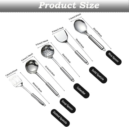 Cooking Utensils Set - 5pcs Stainless Steel Kitchen Utensils Set, Slotted Spoon, Slotted Spatula, Large Spoon, Soup