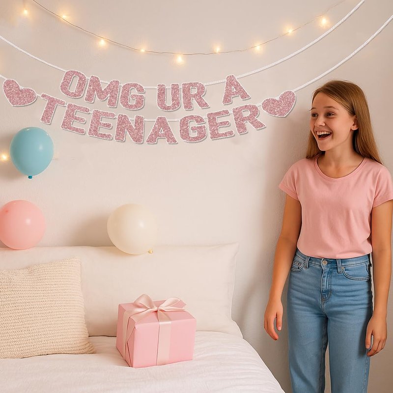 OMG UR A TEENAGER Banner – 13th Birthday Decorations for Girls, Rose Gold Glitter Happy 13th Bday Party Decor, Pre-Strung Teen Girl Birthday Decorations for 13 Year Old Girl