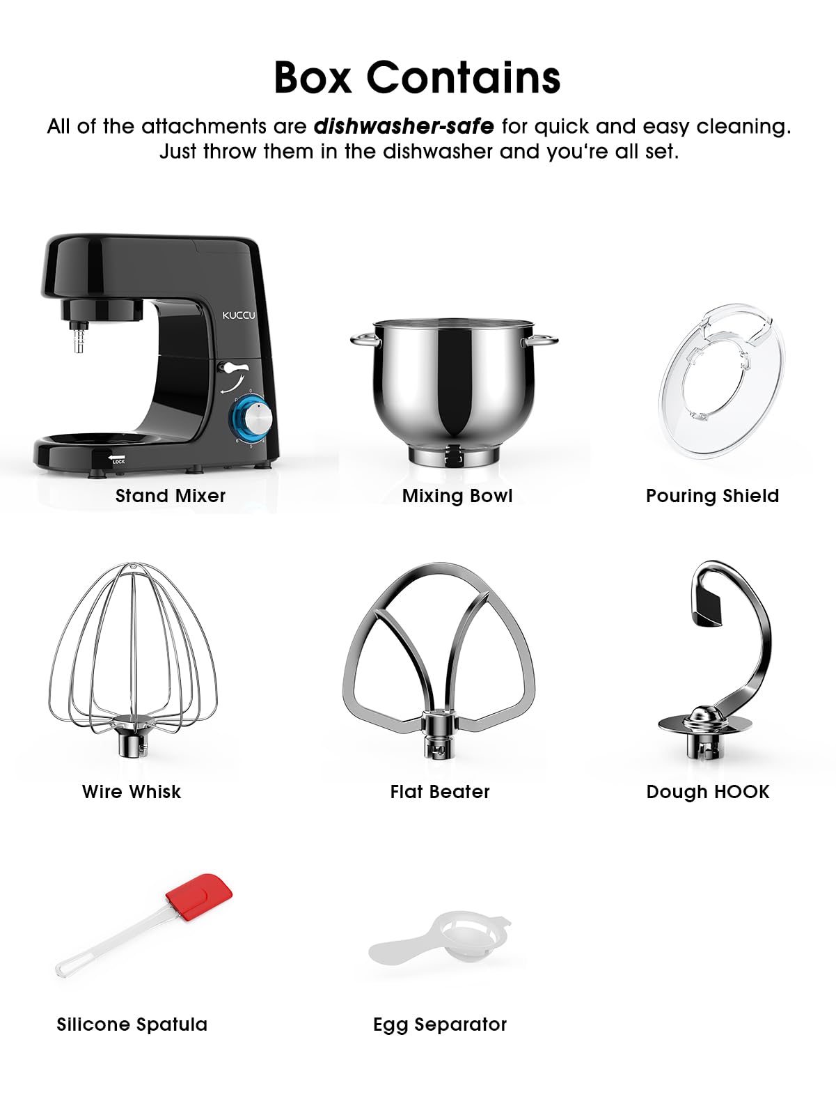 9.5 QT Double Handle KUCCU Stand Mixer, 6 Speed with Pulse Electric Kitchen Mixer, 660W Tilt-Head Food Mixer with Dishwasher-Safe Dough Hook, Flat Beater, Whisk, Splash Guard for home baking (Silver)