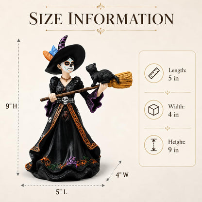 Comfy Hour 9" Dark Fairy Witch Figurine on Broom, Gothic Sorceress with Black Cat Statue, Mystical Fantasy Home Office Desktop Decor, Artisan Crafted Resin Sculpture, 1 Unit