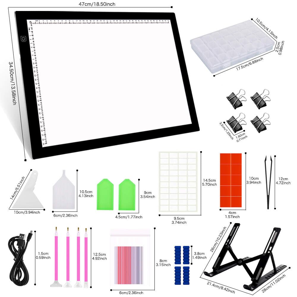 HUAYEYC A3 LED Light Pad - Dimmable Light Board Kit, Sketching, Tracing - USB Powered DIY Diamond Art Light Box, with 61 Pcs 5D Painting Tools Set for Full Drill & Partial Drill Art