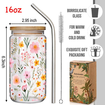 Floral 16oz Iced Glass Cups with Bamboo Lids and Straws Wildflower Coffee Cup Gift for Women Cute Flower Drinking Glass with Cleaning Brushes, Flower Gifts for Mother Birthday Bridesmaid Party