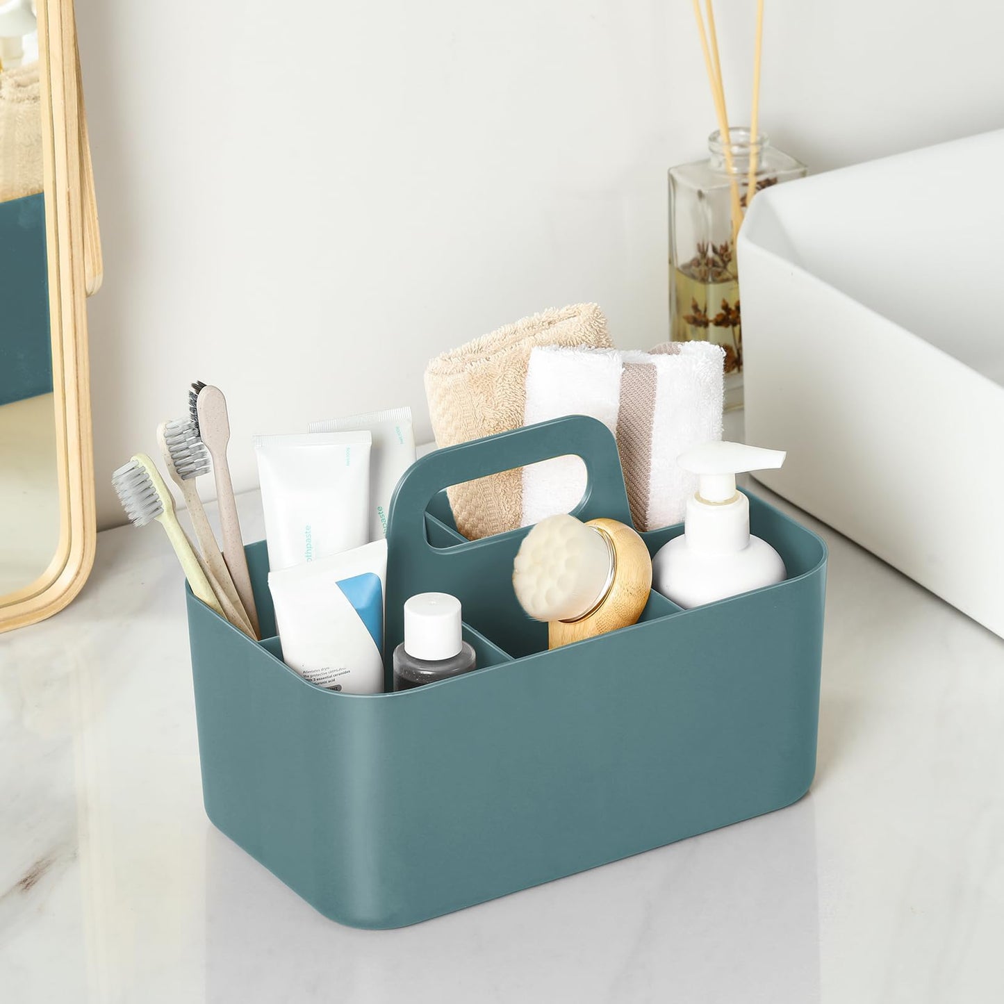 Multiuse Caddy Organizer with Handle, Portable Divided Plastic Tote Bin - Art Craft, Stationary Pen Marker Crayons, Makeup Hair Supplies Storage - Bathroom, Classroom, Dorm, Office, Desk Holder - Cyan