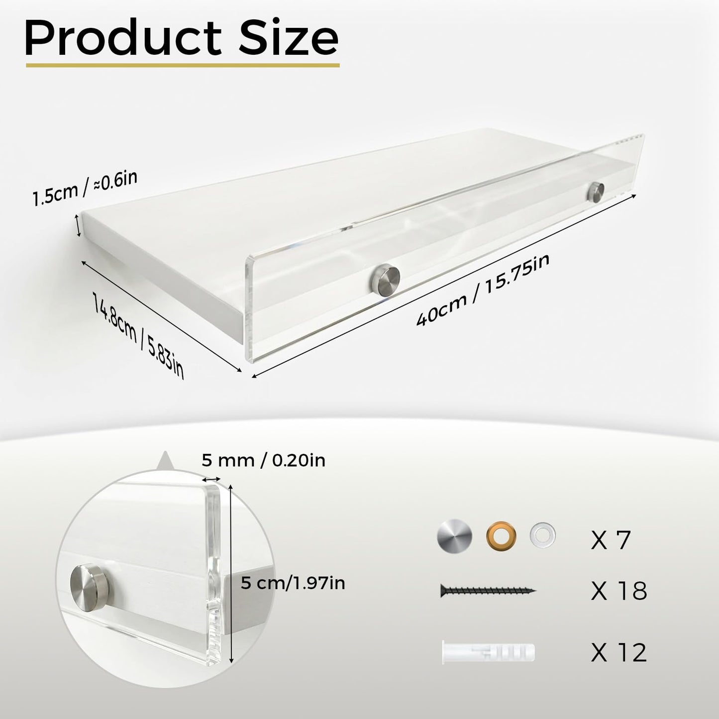 Over the Toilet Shelves - Wall Mounted Floating Shelves with Clear Acrylic Lip, 15.7" Rustic Farmhouse Bathroom Storage Shelves, 3 Pack White
