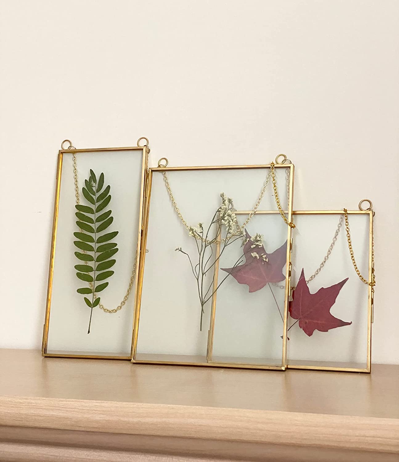 Double Glass Frame for Pressed Flowers, Leaf and Artwork - Set of 3 Hanging Picture Frames, 6x6, 6x8, 4x9 Floating Pressed Flower Frames, Square and Rectangular Wall Decor Photo Display, Clear Metal Glass Frames with Chain (Gold)