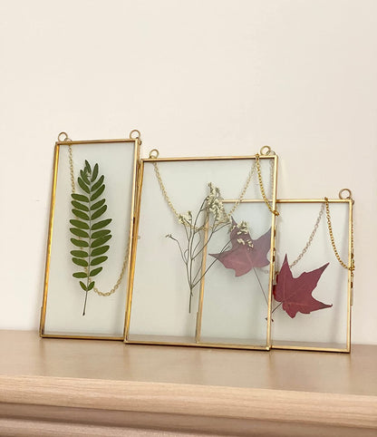 Double Glass Frame for Pressed Flowers, Leaf and Artwork - Set of 3 Hanging Picture Frames, 6x6, 6x8, 4x9 Floating Pressed Flower Frames, Square and Rectangular Wall Decor Photo Display, Clear Metal Glass Frames with Chain (Gold)