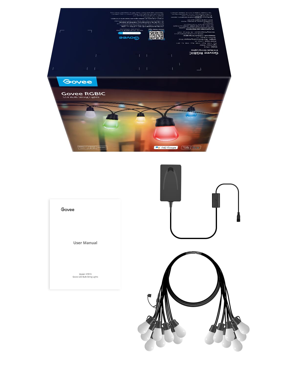 Govee Smart Outdoor String Lights H7015, 48ft RGBIC Outdoor Lights with 15 Dimmable LED Bulbs, IP65 Waterproof, Color Changing Warm White Lights with 47 Scene Modes for Patio, Backyard, App Control