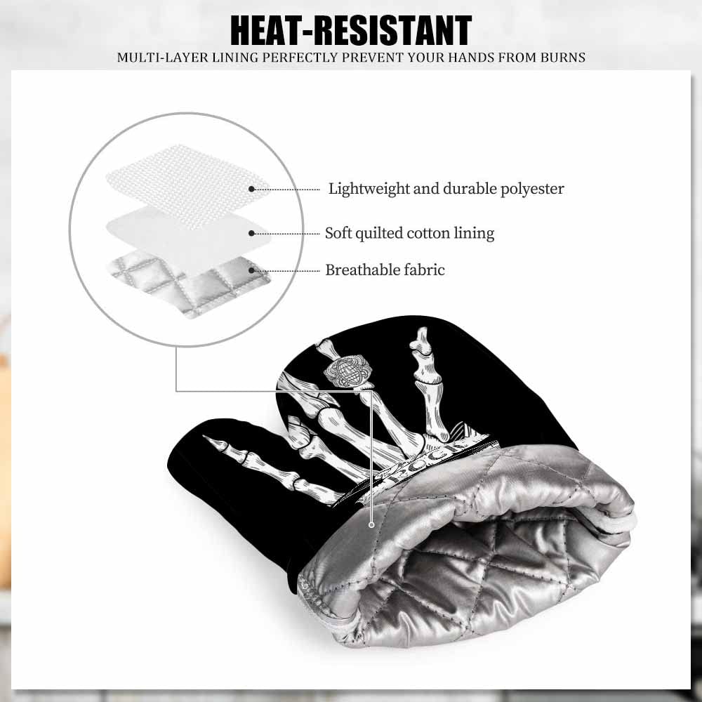 Mxocom Skeleton Oven Mitts and Pot Holders Sets Hand Rock N Roll Sign with Typography on Ribbon Black Silicone Heat Resistant Kitchen Oven Gloves Pot Holder for Cooking