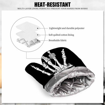 Mxocom Skeleton Oven Mitts and Pot Holders Sets Hand Rock N Roll Sign with Typography on Ribbon Black Silicone Heat Resistant Kitchen Oven Gloves Pot Holder for Cooking