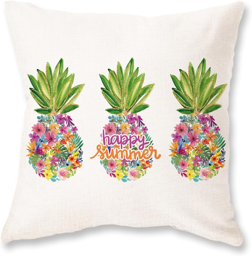 ONWAY Summer Throw Pillow Cover 18x18 Tropical Pineapples Floral Cushion Case for Happy Summer Decor