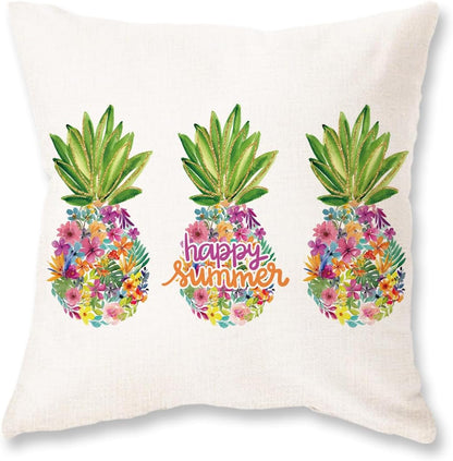 ONWAY Summer Throw Pillow Cover 18x18 Tropical Pineapples Floral Cushion Case for Happy Summer Decor