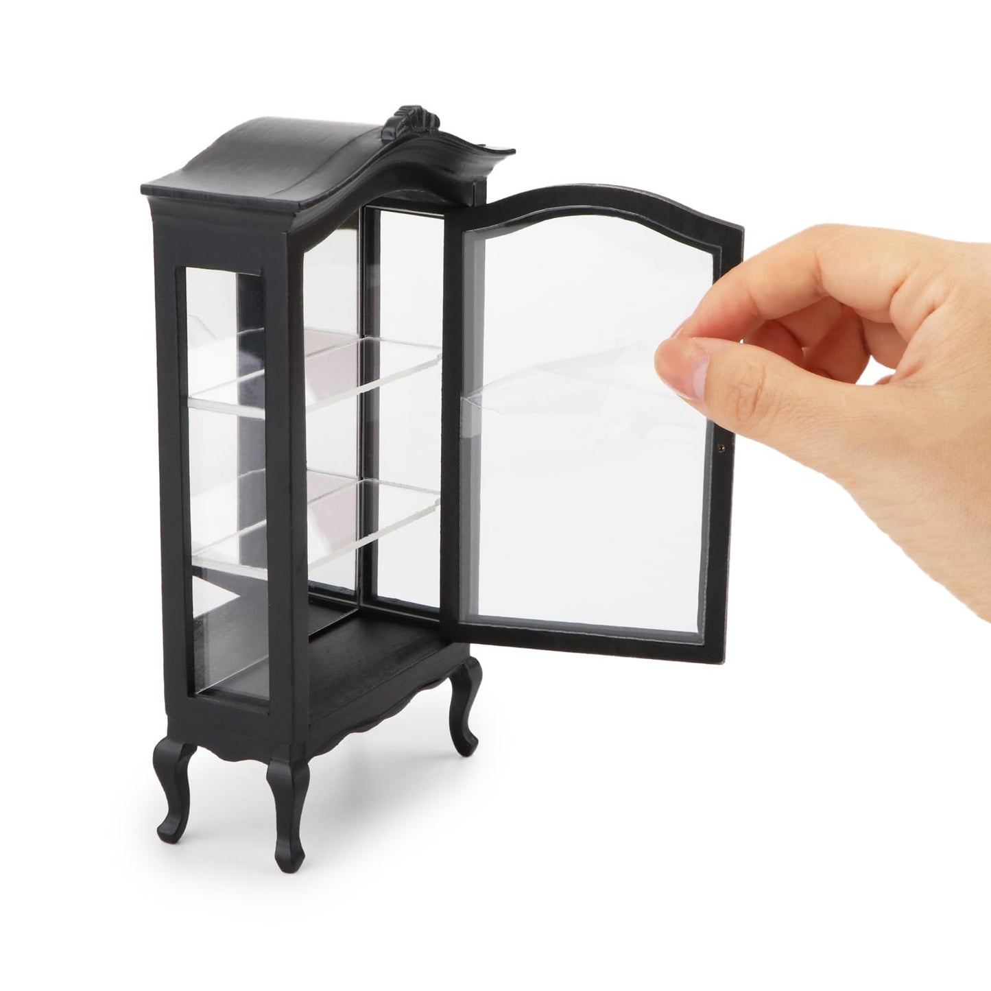 Miniature Furniture Display Shelf 1:12 Wooden Cabinet with Mirror & Three Shelves Bookshelf Dollhouse Display Stand Decoration Accessories Mini Diningroom Scene Ornaments (Black)