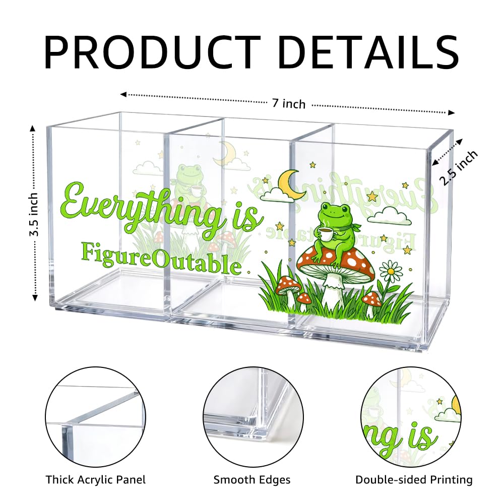UAKXOIF Everything Is Figureoutable 3 Compartment Makeup Organizer & Pen Holder, Cute Frog Inspirational Cosmetic Storage Box for Lipstick Brushes Skincare, Desk Organizer for Office School Vanity
