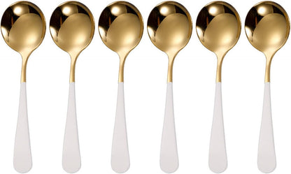 Stainless Steel Soup Spoons Set of 6 - Modern Round Head Spoons for Soup, Grain, Dessert, Milk Tea
