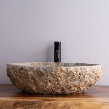 Organic Freeform Hand-Carved Marble Vessel Sink – Stone Vessel Sink with Chiseled Exterior & Natural Gold Veining – One-of-a-Kind Rustic Luxury Bathroom Sink
