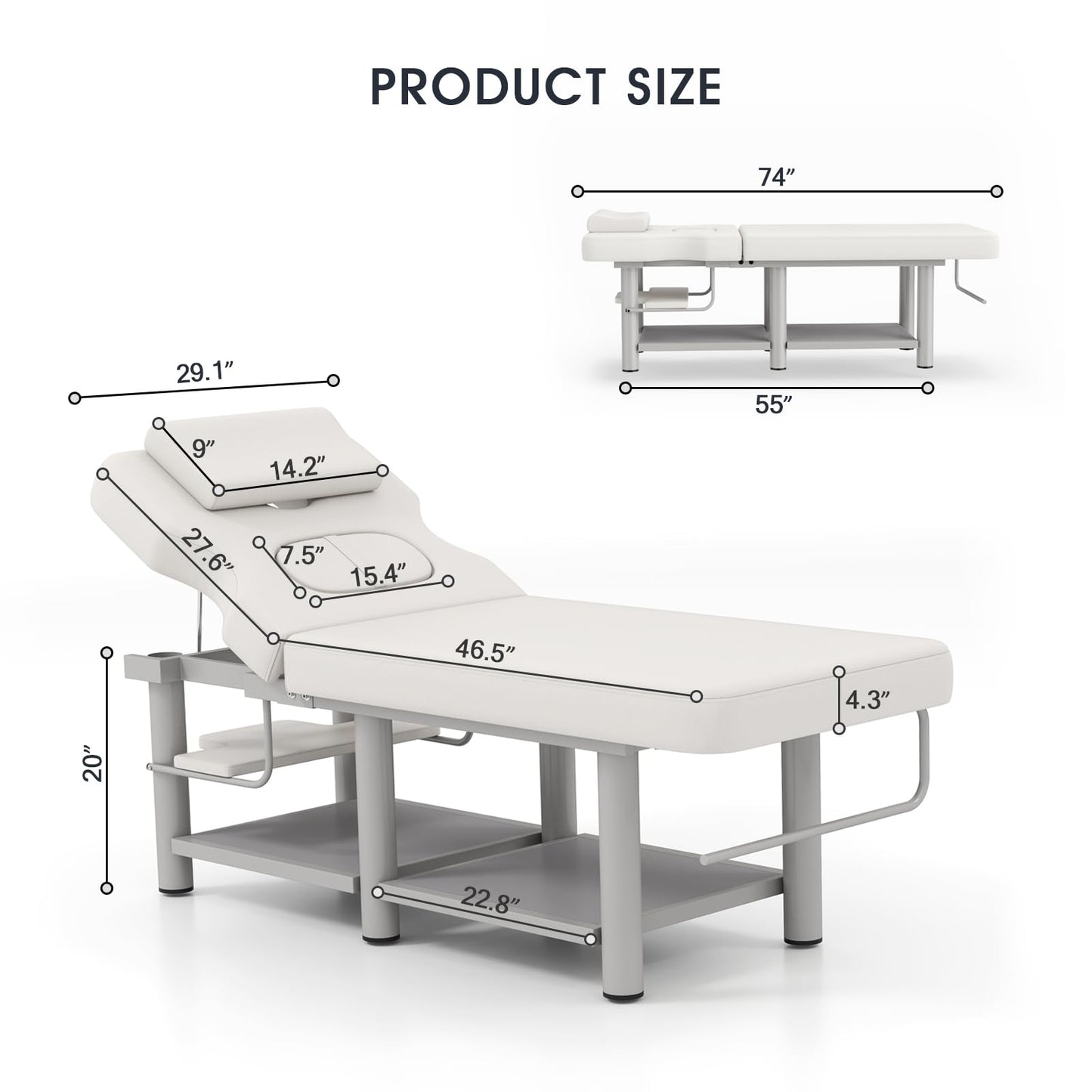 Heavy Duty Stationary Massage Table with Adjustable Backrest, Wide Spa Facial Bed with Metal Frame & PU Leather, Professional Massage Therapy Bed for Spa Salon Tattoo Physical Therapy Clinic (Gray)