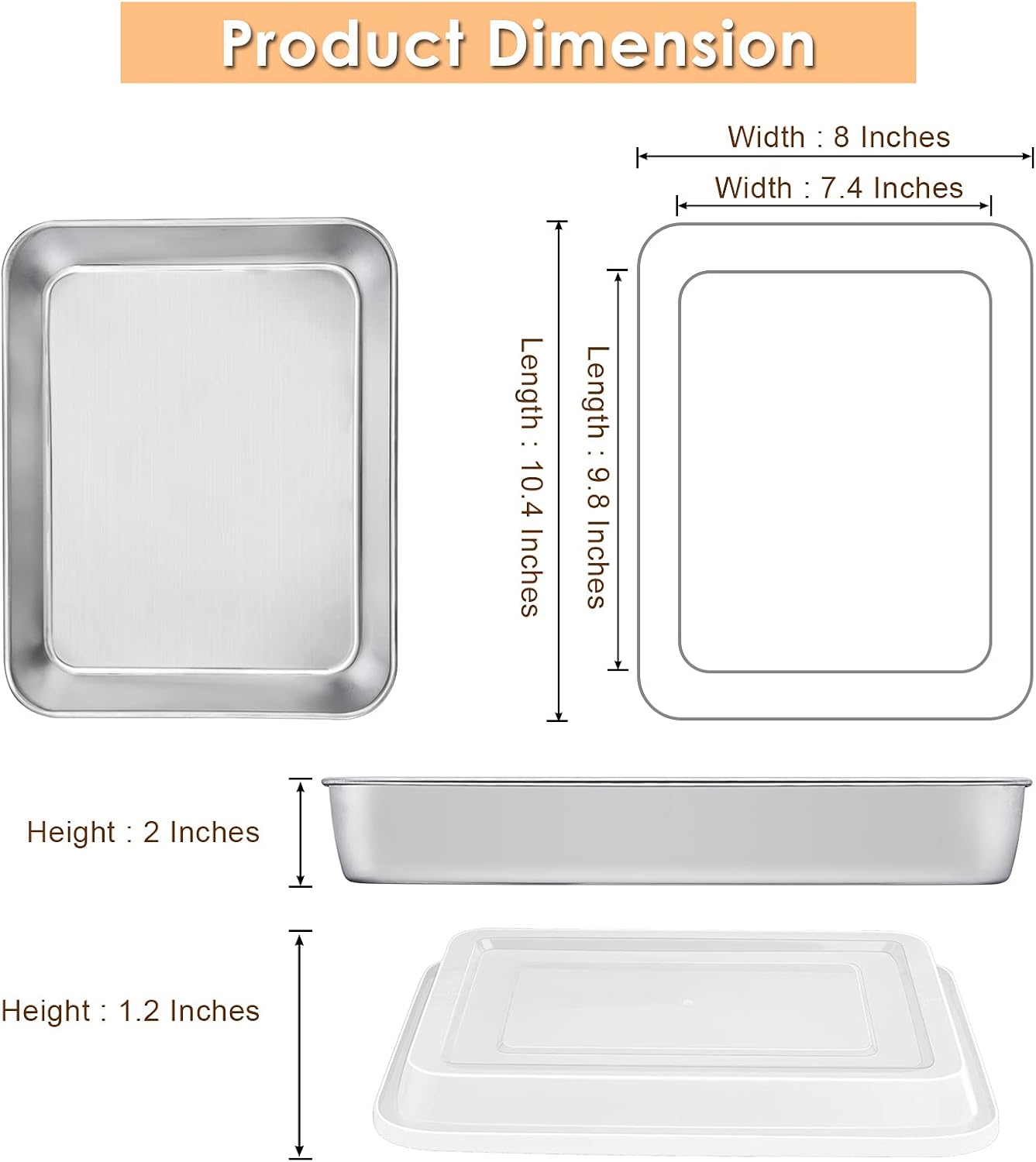 E-far Toaster Oven Baking Pan with Lid, 10.4”x 8”x 2” Stainless Steel Rectangle Sheet Cake Pans