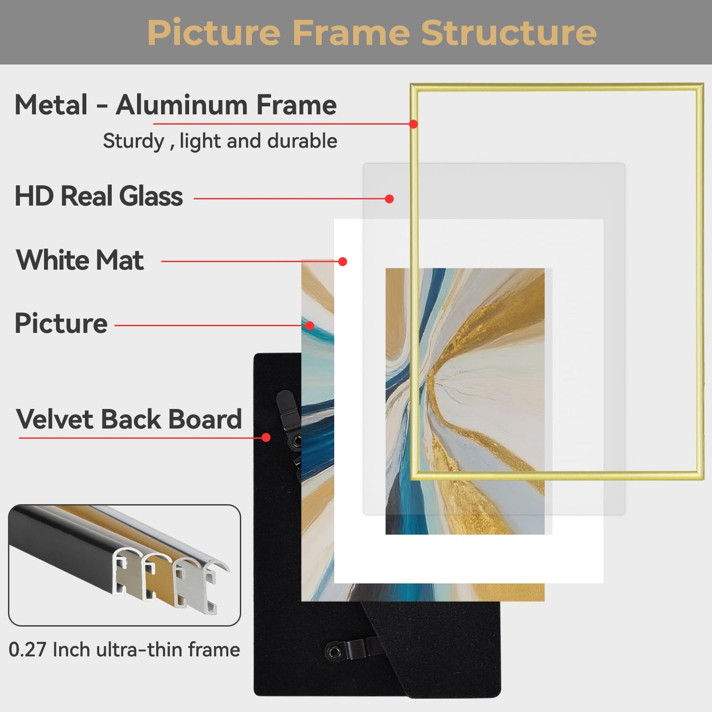 Fkvat 8x12 Picture Frame, Gold Brushed Thin Metal Aluminum Photo Frame with HD Glass, Fit 6x8 with Mat or 8 x 12 without Mat, for Table and Wall, 1 Pack