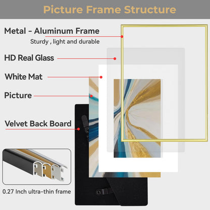 Fkvat 8x12 Picture Frame, Gold Brushed Thin Metal Aluminum Photo Frame with HD Glass, Fit 6x8 with Mat or 8 x 12 without Mat, for Table and Wall, 1 Pack