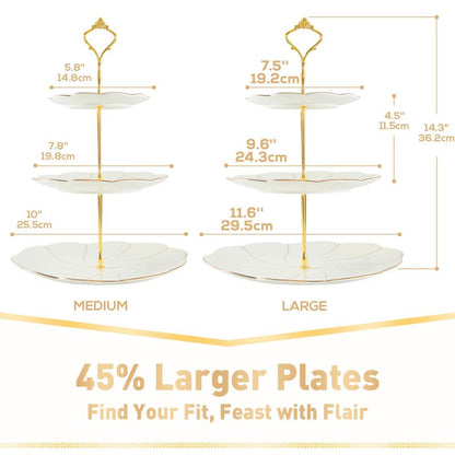 DUJUST Luxury Larger 3-Tier Cupcake Stand Tower, British Style Porcelain Serving Tray with Golden Trim, Food Grade Dessert Display Stand for Tea Party & Home Décor - 45% Larger Plates