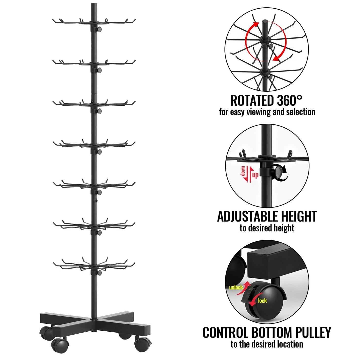 MaagorVita Retail Display Stand 7 Tier Rotating Rack for Store, Keychain Jewelry Vendor Events, 360° Spinning Display Spinner with 200PCS Cards, Movable and Adjustable