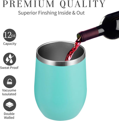 MEWAY Stemless 12 OZ Wine Tumbler Glasses with Lid, Insulated Double Wall Vacuum Stainless Steel