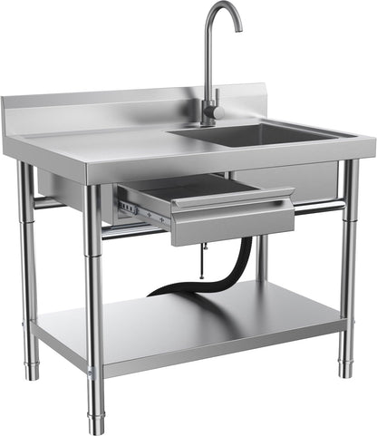 Stainless Steel Utility Sink, Commercial Kitchen Sink, 40'' Free Standing Single Bowl Sink with Drawer & Cold and Hot Water Pipe for Kitchen Laundry Room Farmhouse Indoor and Outdoor