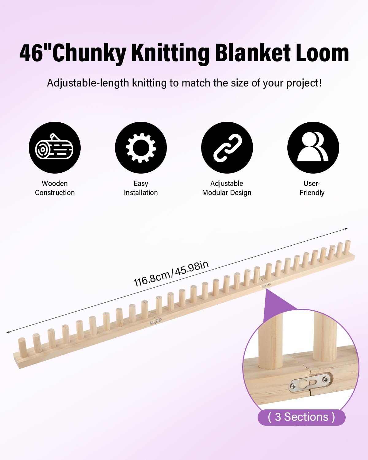 Teyeto Adjustable Chunky Blanket Looms Kit - DIY Wooden Knitting Board for Hand Woven Throws. All-in-One Weaving Starter Set with Plush Yarn, Snag-Free Pegs & Instructions for Beginners