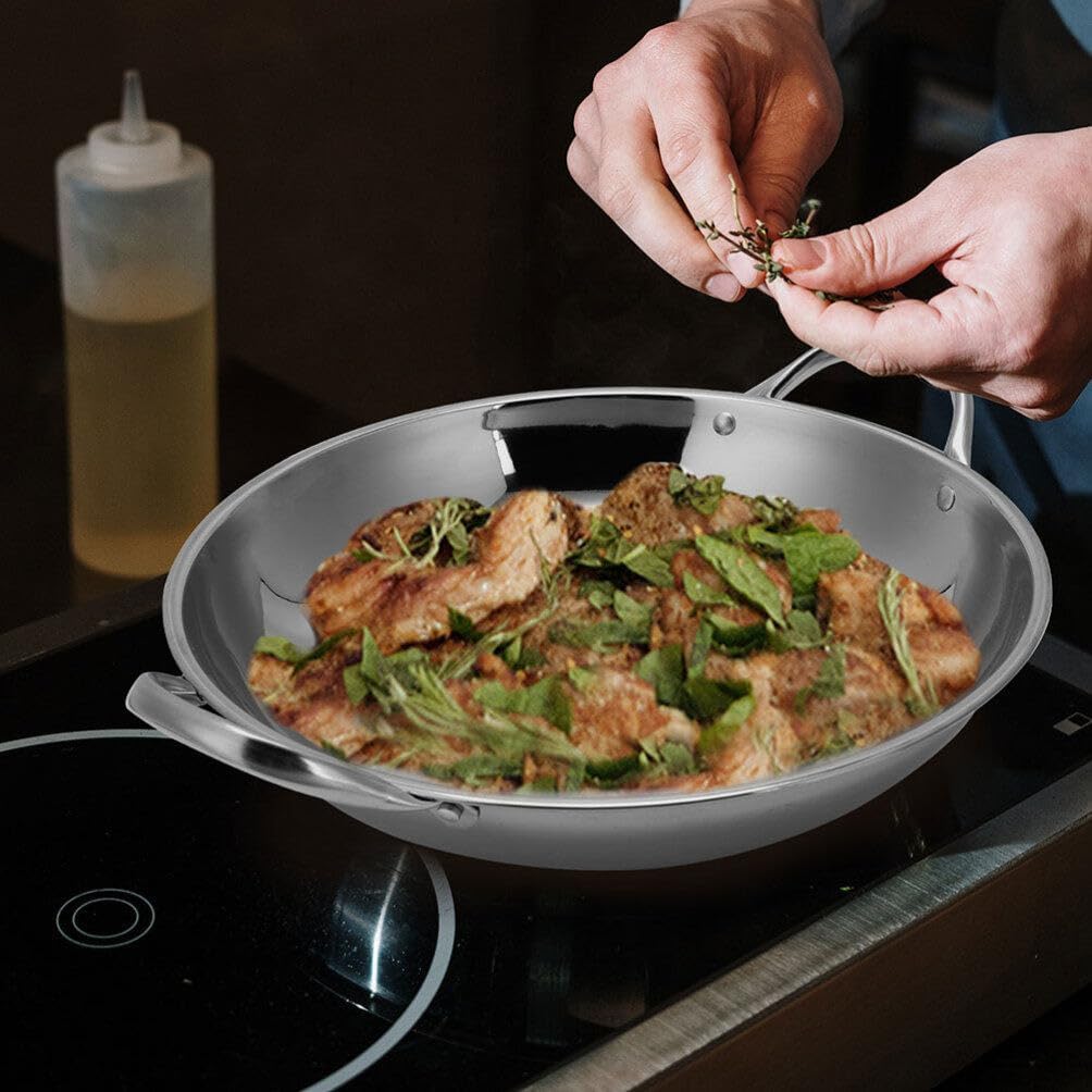 BESTonZON Stainless Steel Paella Pan, 26cm Skillet Pan, Restaurant Cooking Pans for Outdoors, Camping, Parties