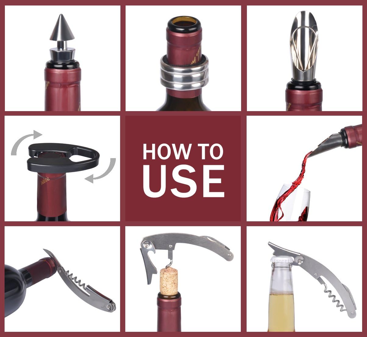 Tirrinia Wine Accessories Gift Set - Corkscrew Opener Kit, Drip Ring, Foil Cutter, Pourer & Stopper in Novelty Bottle