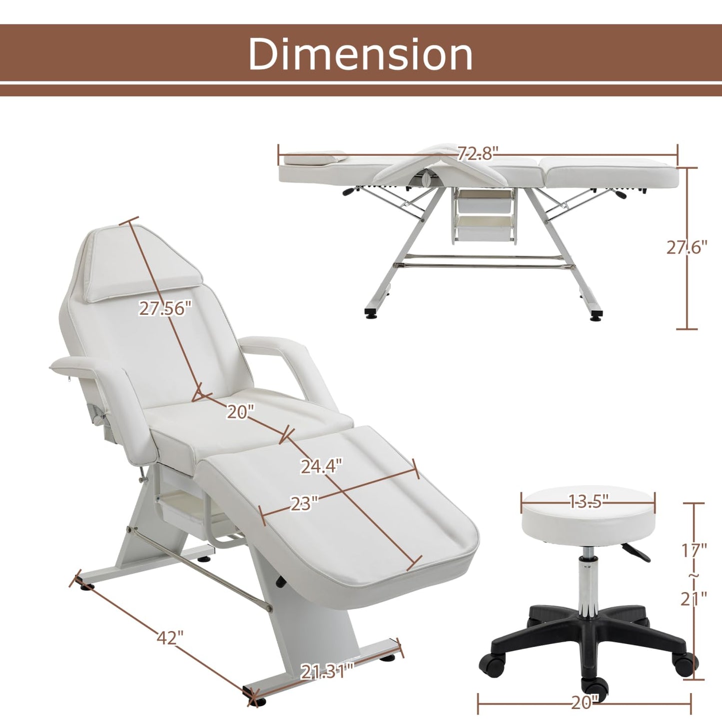 Geelife Massage Salon Tattoo Chair with Two Trays Esthetician Bed with Hydraulic Stool,Multi-Purpose 3-Section Facial Bed Table, Adjustable Beauty Barber Spa Beauty Equipment, White - Metal White -