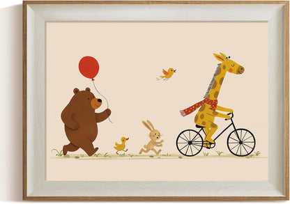 12x16 Inch ARPEOTCY Framed Canvas Wall Art, Cute Animal Parade Print, Giraffe on Bicycle with Bear, Bunny, and Birds
