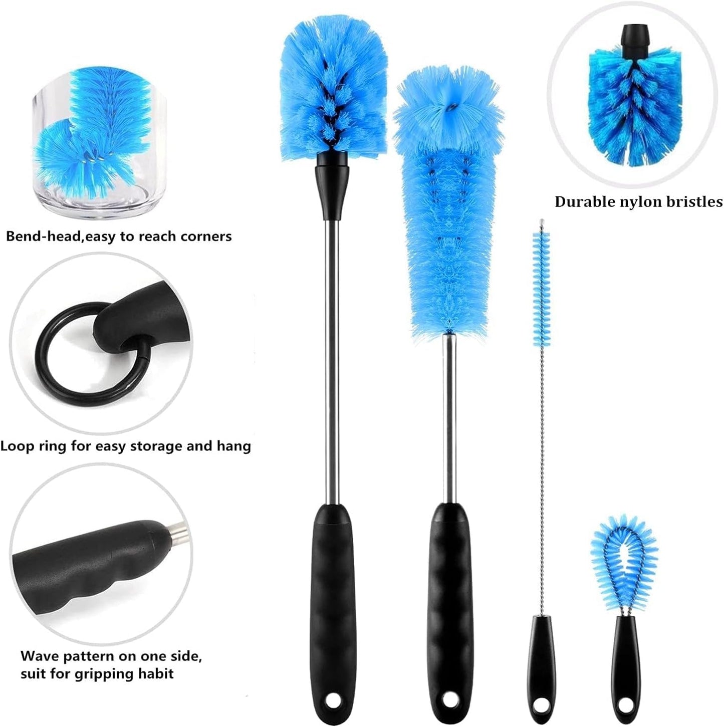 4 Pack Bottle Brush Cleaning Set,Multi-Function Long Handle Bottle Cleaner for Glasswares, Travel Coffee Mugs, Narrow Cup,Straw Cleaning Brush,Food Jars, Sinks, Cup Cover Supplies (4 Pack)