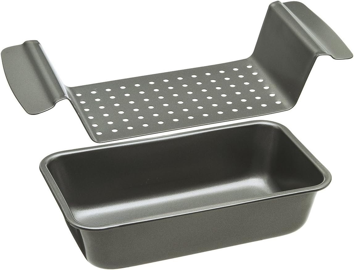 Healthy Meat Loaf Pan Set Ecolution Bakeins – Loaf Pan and Perforated Tray – Heavy Duty Carbon Steel – Gray – 9” x